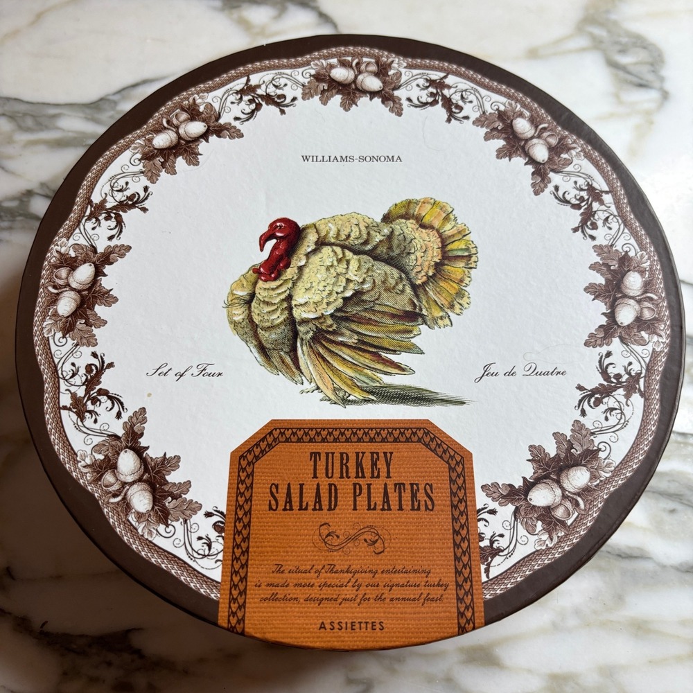 Williams Sonoma 9" Turkey Salad Plates Set of 4 White Brown Acorn Trim Porcelain - Picture 2 of 9